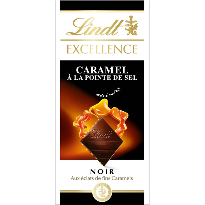 LINDT Excellence – Chocolat noir extra-fin traditionnel aux grains de caramel, de sucre caramélisé et à la fleur de sel. 100 g