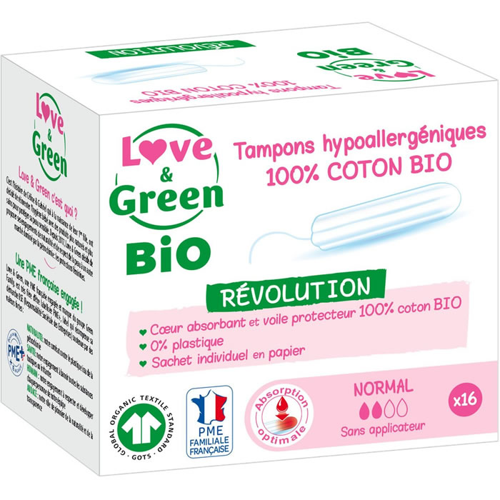 LOVE & GREEN – Tampon coton hypoallergéniques sans applicateur bio – 16 tampons