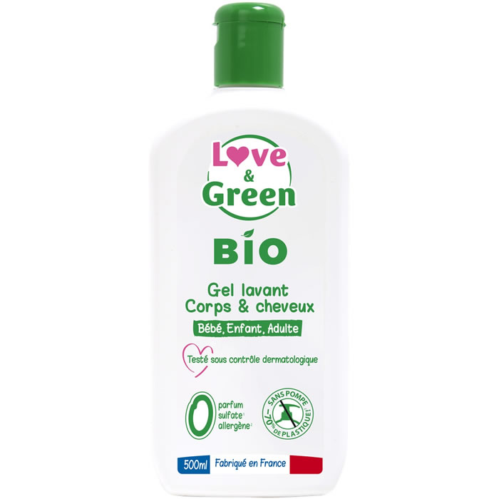 LOVE & GREEN – Gel douche et shampoing 2en1 doux 500 ml