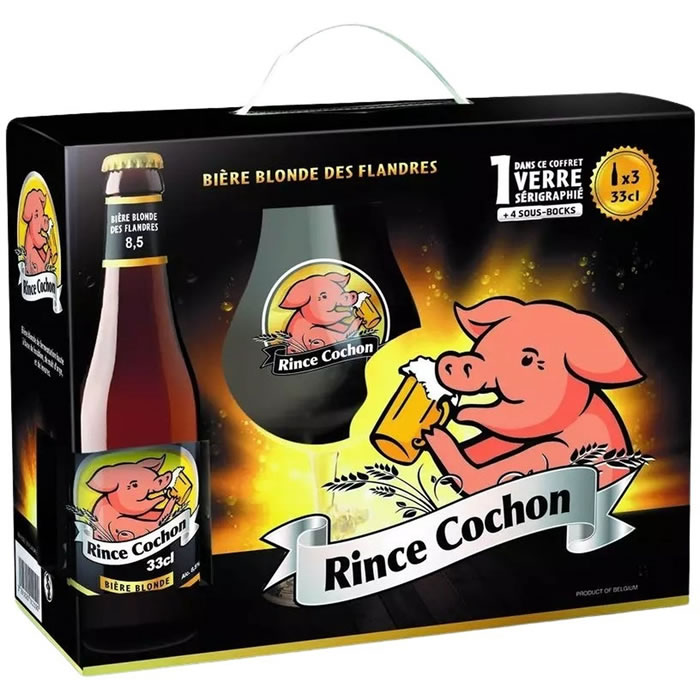 RINCE COCHON – Coffret de 3 bières blondes, 1 verre et 4 sous-bocks