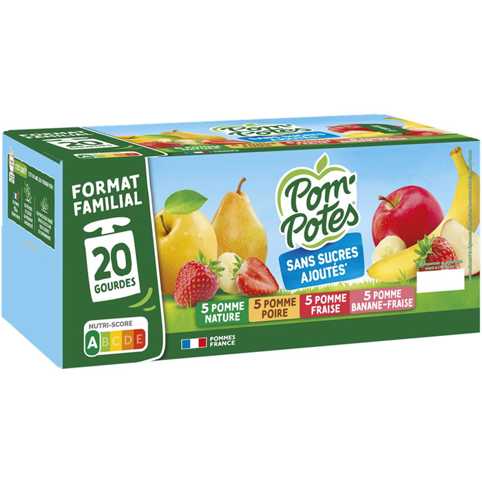 POM’POTES Dessert pomme, fraise, poire et banane sans sucres ajoutés Grand Format (20 x 90g)