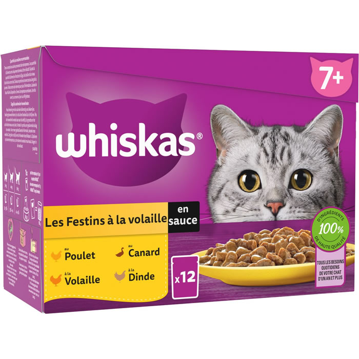 WHISKAS – Les Festins sénior volaille en sauce poulet, canard, volaille, dinde (12 x 85 g)