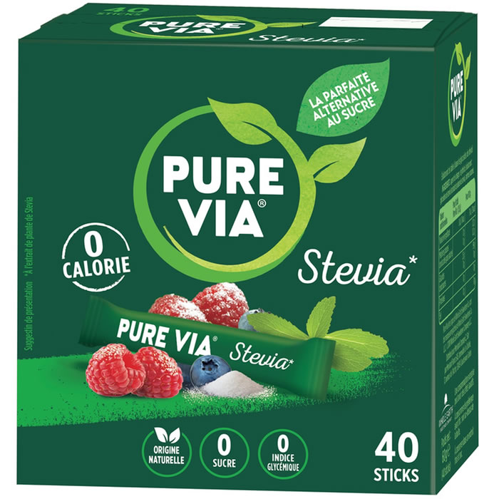 PURE VIA – Sticks de sucre en poudre à base de stévia 60 g (40 sticks)