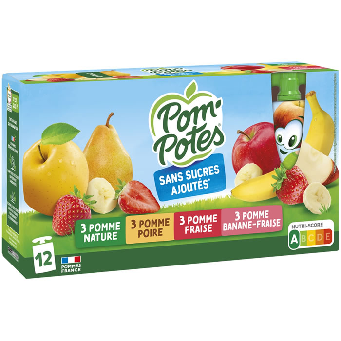 POM’POTES Dessert pomme, fraise, poire et banane sans sucres ajoutés Moyen Format (12x90g)