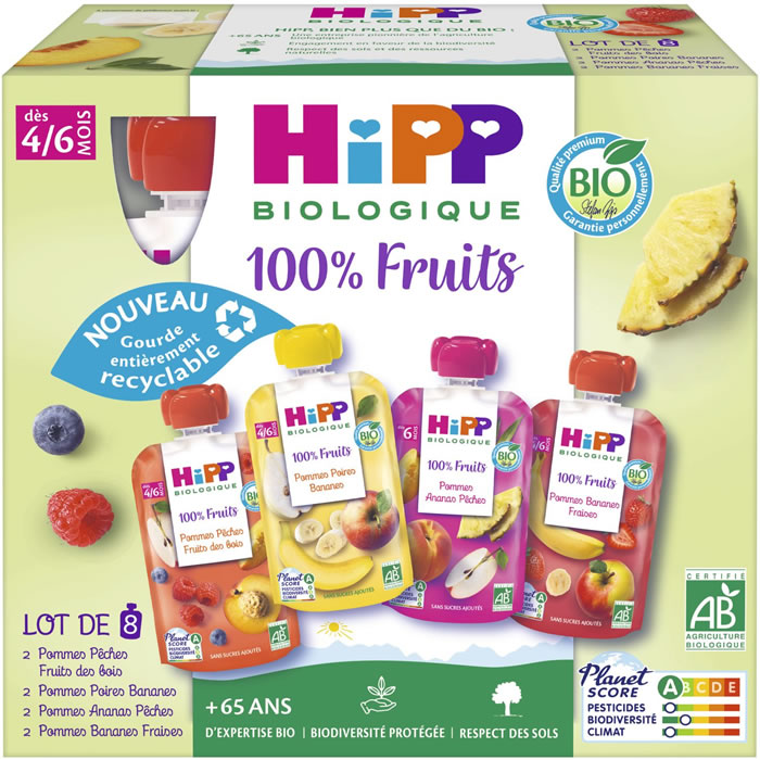 HIPP 100% Fruits – Assortiment de desserts 4 variétés 8 x 90 g