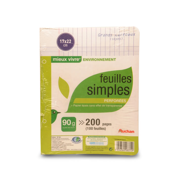 AUCHAN Mieux Vivre – Feuilles simples perforées 17 x 22 cm grands carreaux
