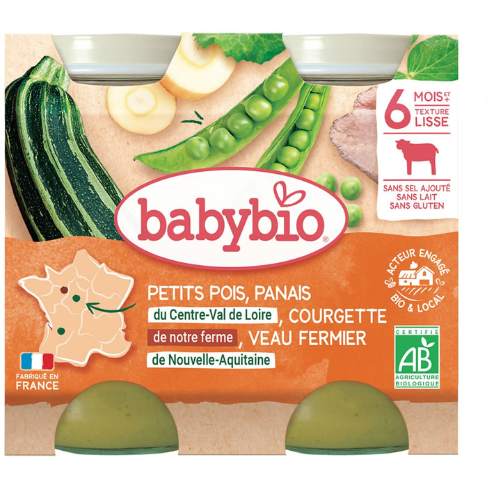 BABYBIO – Petits pois, panais, courgette et veau dès 6 mois bio 2 x 200 g