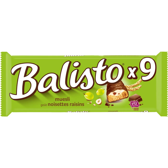BALISTO Barres chocolatées aux noisettes et raisins 9×18,5g