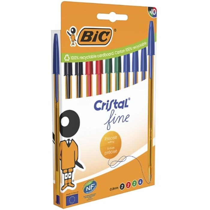 BIC Cristal – Stylos bille pointe fine bleu, noir, rouge, vert