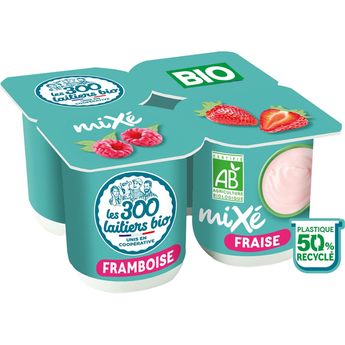 LES 300 LAITIERS BIO – Yaourts brassés à la fraise et framboise bio 4 x 125 g