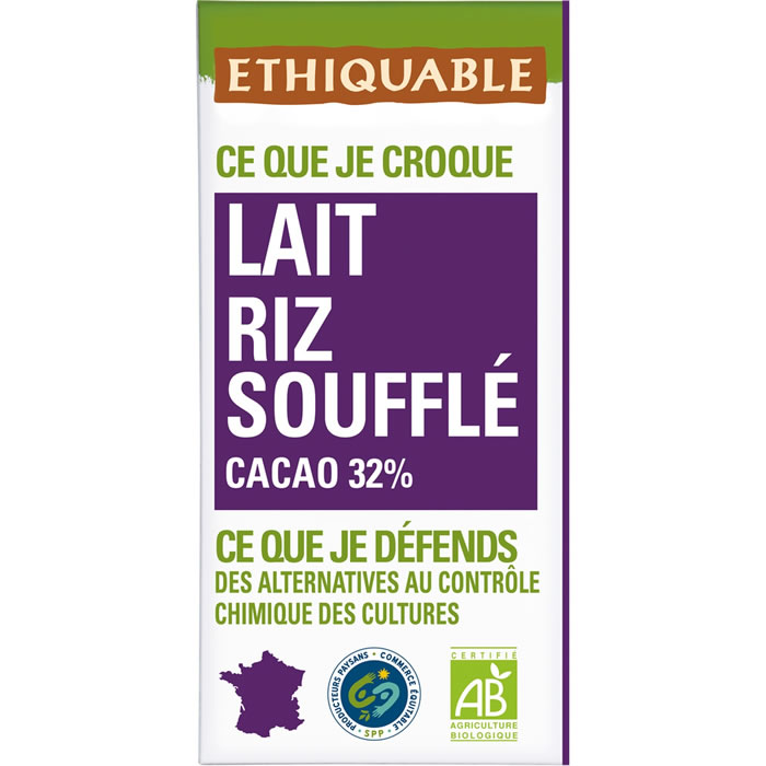 ETHIQUABLE – Tablette de chocolat au lait aux céréales croustillantes bio – 100 g