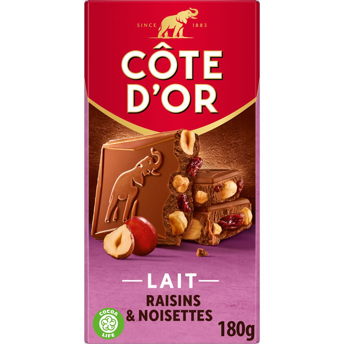 CÔTE D’OR – Tablette de chocolat au lait aux raisins et noisettes 180g