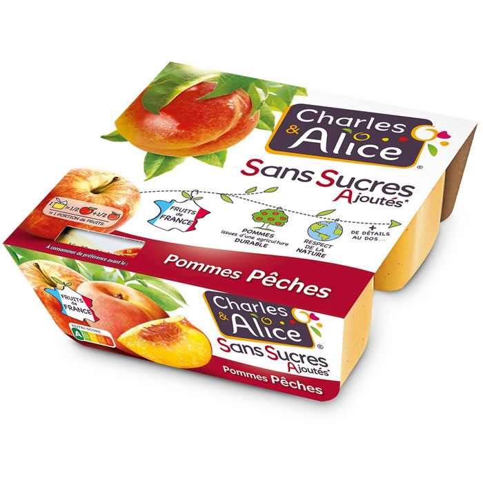 CHARLES & ALICE – Dessert pomme et pêche sans sucres ajoutés 4 x 100g