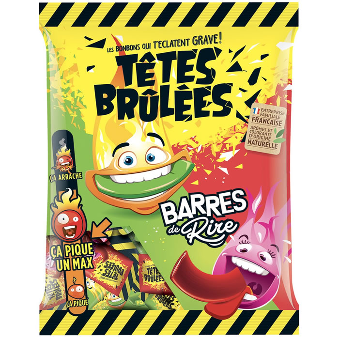 TETES BRULEES Barre de Rire Pâtes à mâcher acides goûts pomme et fraise 200g