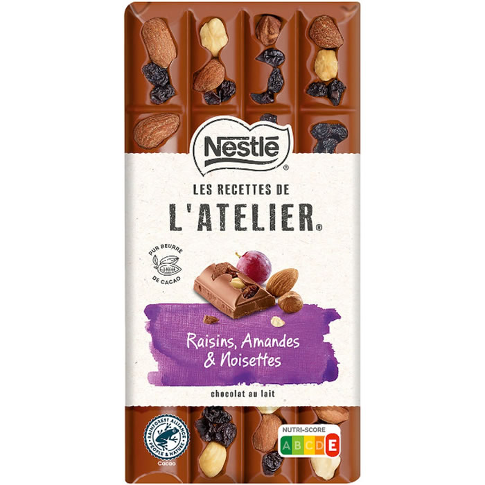 NESTLE – Les Recettes de l’Atelier, Tablette de chocolat au lait, raisins, amandes, noisettes 170g