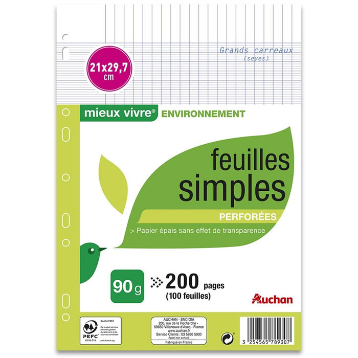 AUCHAN Mieux Vivre – Feuilles simples perforées 21 x 29,7 cm grands carreaux