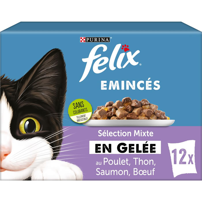FELIX Émincés en gelée pour chats au poulet, thon, saumon et bœuf