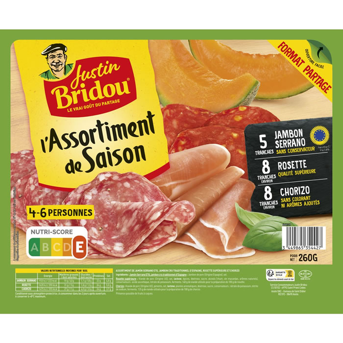 JUSTIN BRIDOU – Plateau de jambon Serrano, rosette et chorizo en tranche (260 g)