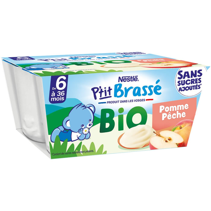NESTLE P’tit Brassé BIO – Dessert pomme et pêche 4 x 90 g