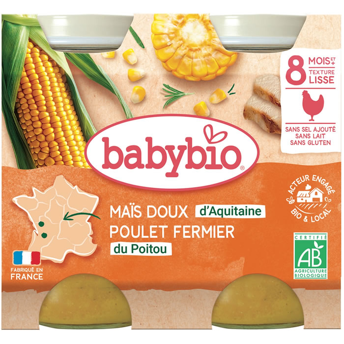 BABYBIO – Maïs doux et poulet fermier 2x200g