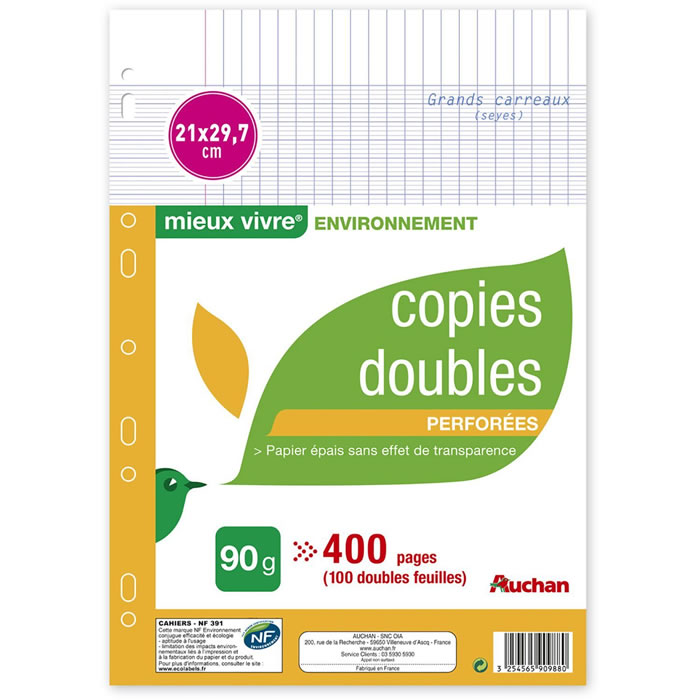 AUCHAN Mieux Vivre – Copies doubles perforées 21 x 29,7 cm grands carreaux