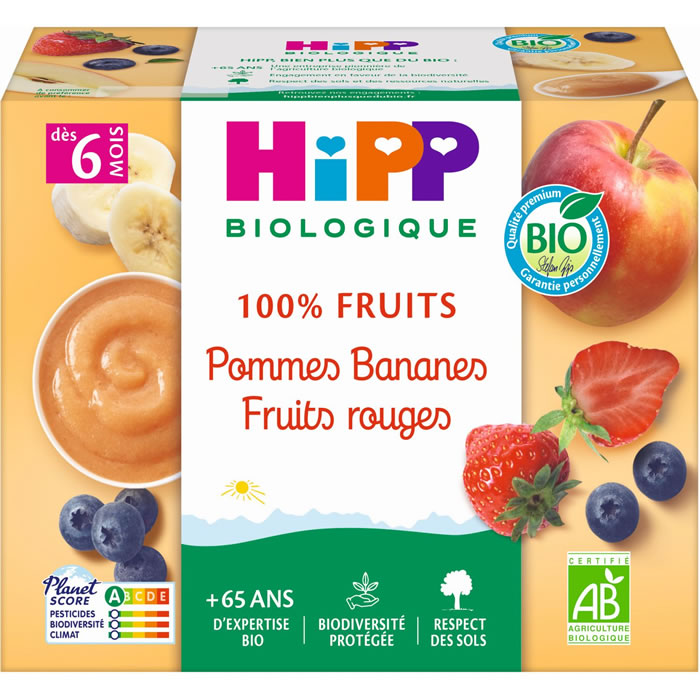 HIPP 100% Fruits – Pomme, banane et fruits rouges 4 x 100 g