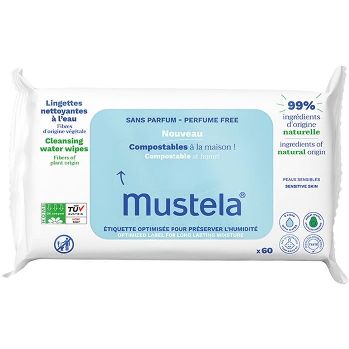 MUSTELA Lingettes nettoyantes compostables à l’eau 60 lingettes