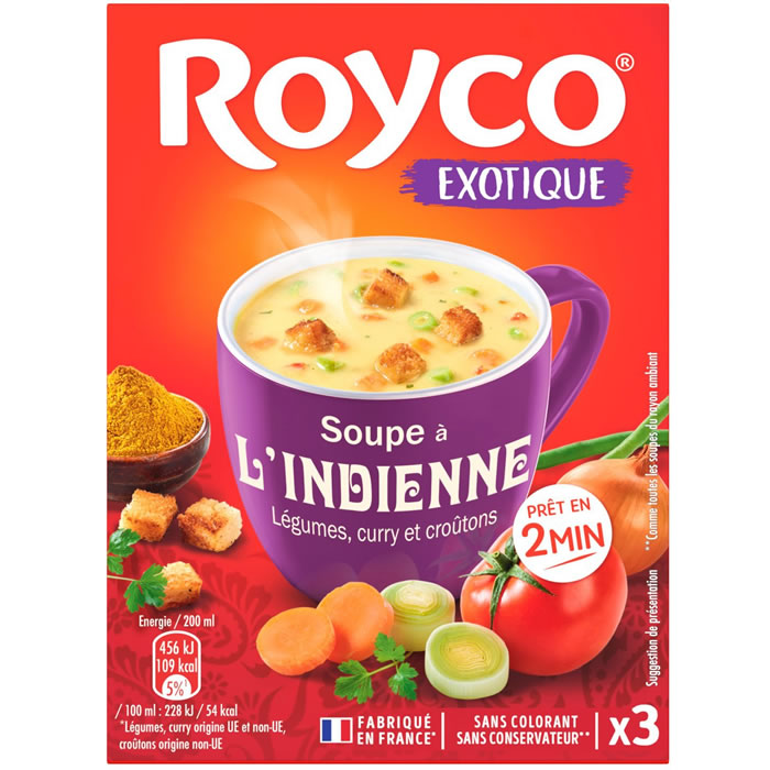 Royco Exotique – Soupe indienne instantanée aux légumes, curry et croûtons 3×25,5g