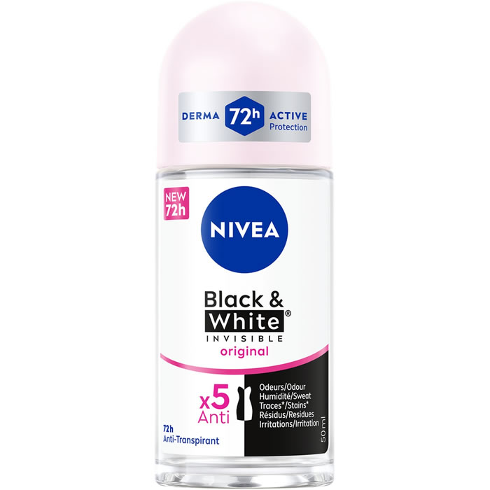 NIVEA Black & White Invisible – Déodorant bille anti-traces anti-transpirant 48h 50 ml