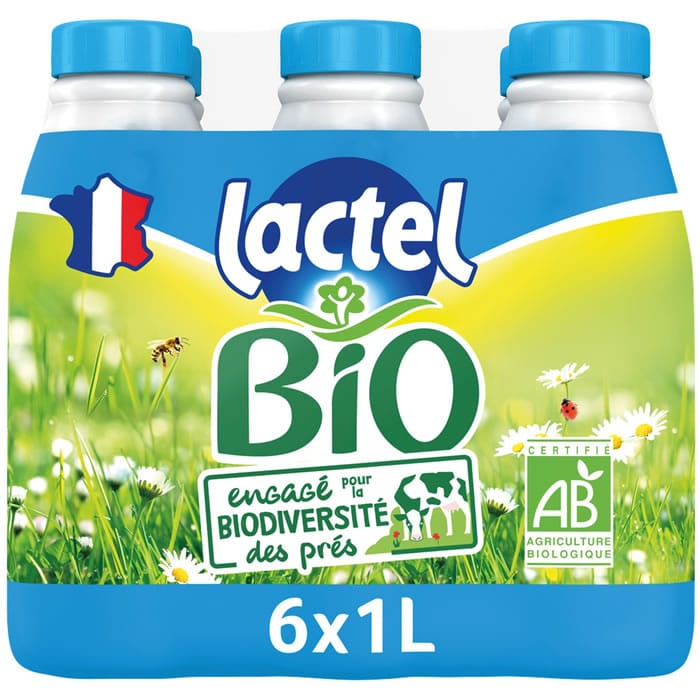 LACTEL Lait demi-écrémé UHT bio 6 x 1L