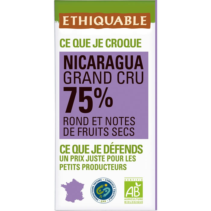 ETHIQUABLE – Chocolat noir 75% Nicaragua bio 100g