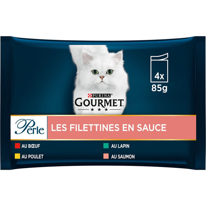 PURINA Gourmet Perle – Filettines en sauce bœuf, poulet, lapin, saumon (4 x 85 g)