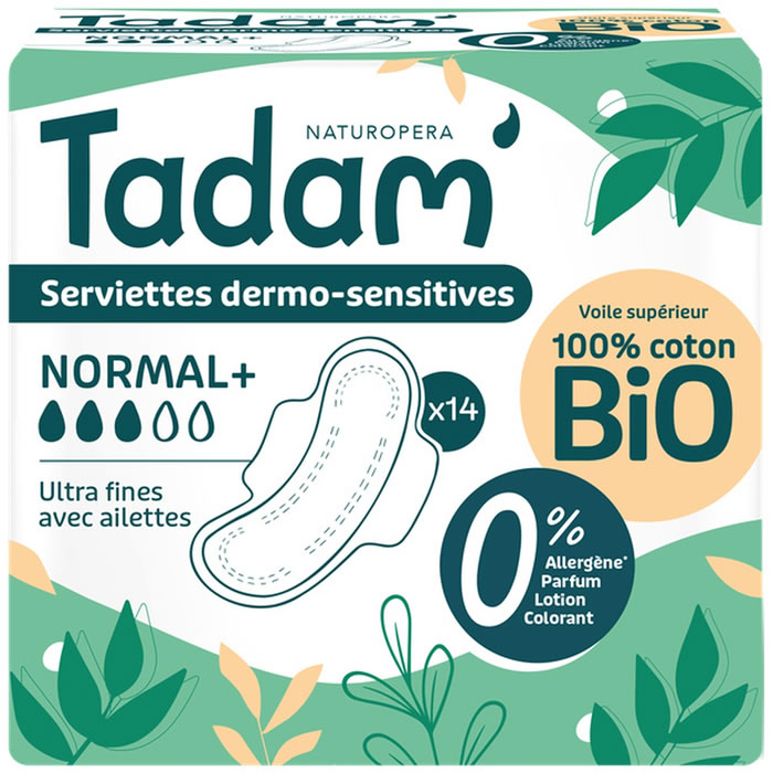 TADAM Dermo-Sensitives – Serviettes avec ailettes cotton bio normal + x14