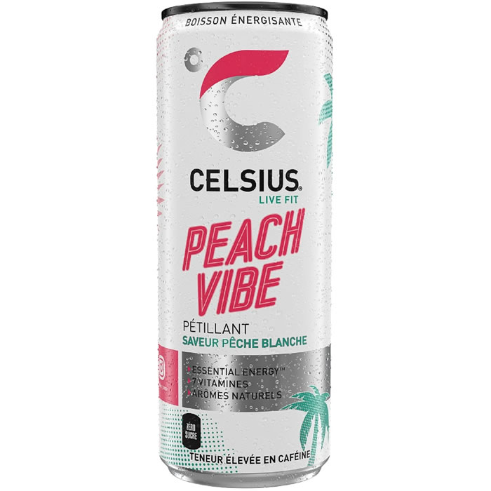 CELSIUS Peach Vibe – Boisson énergisante gazeuse à la pêche blanche sans sucre 35,5 cl