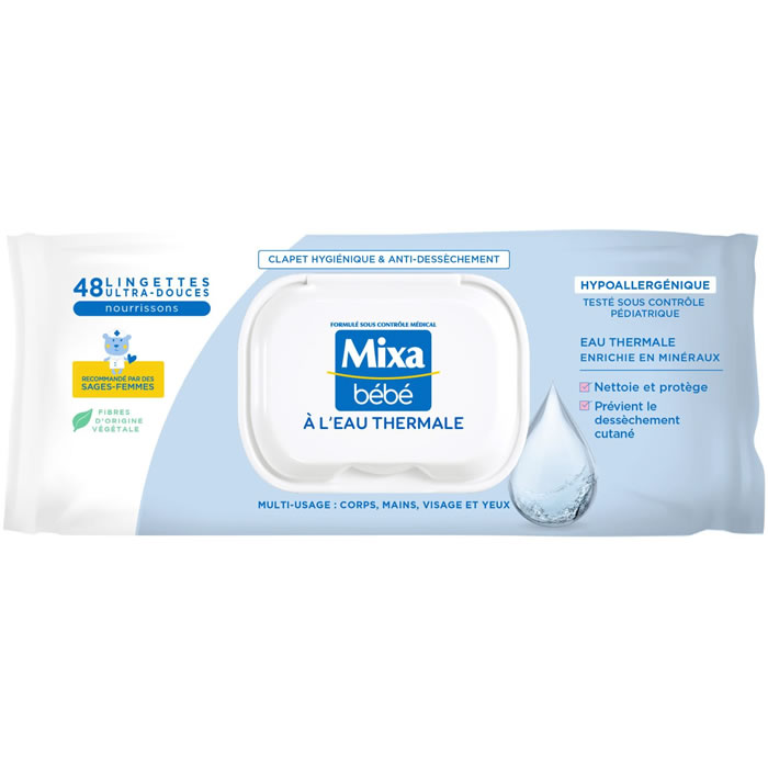 MIXA Bébé – Lingettes nettoyantes à l’eau thermale 48 lingettes