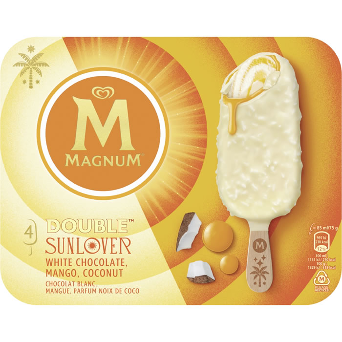 MAGNUM Double – Bâtonnets glacés au chocolat blanc, mangue et noix de coco 4x75g