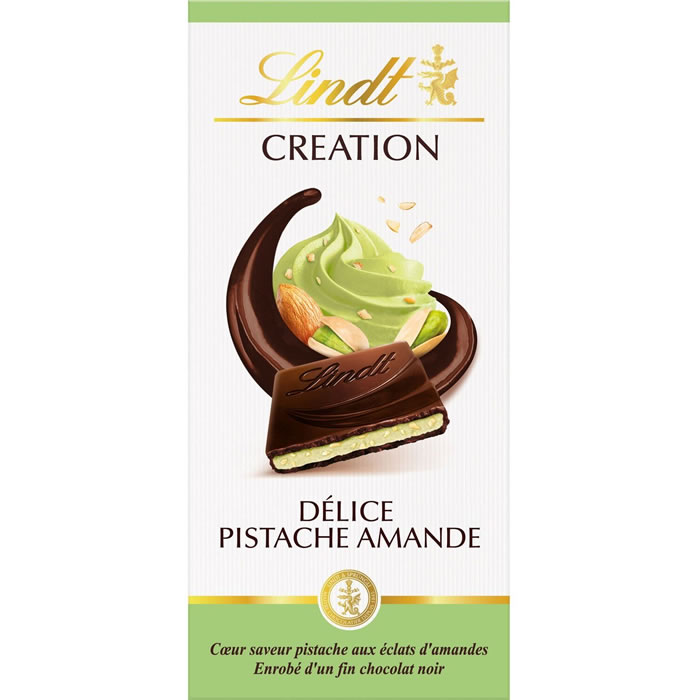 LINDT Creation – Chocolat noir, fourré pistache, éclats d’amandes et biscuits 150 g