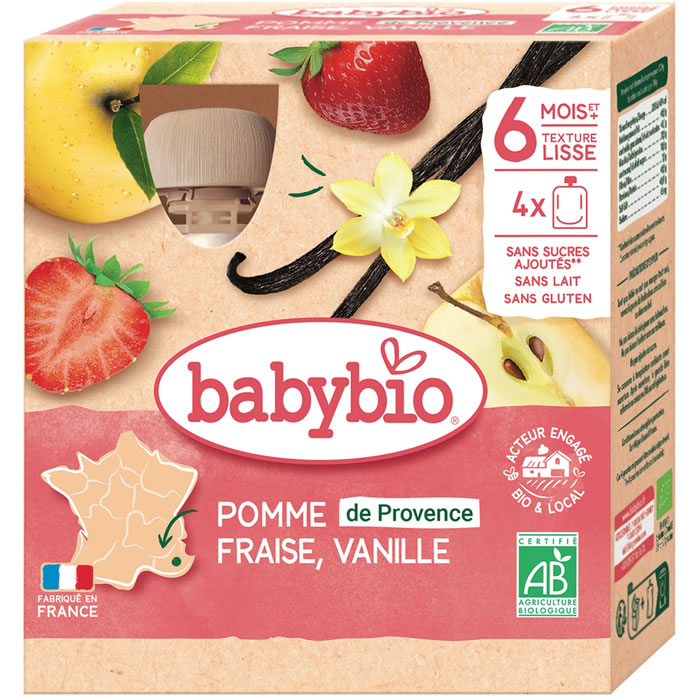 BABYBIO – Pomme, fraise et vanille 4 x 90 g