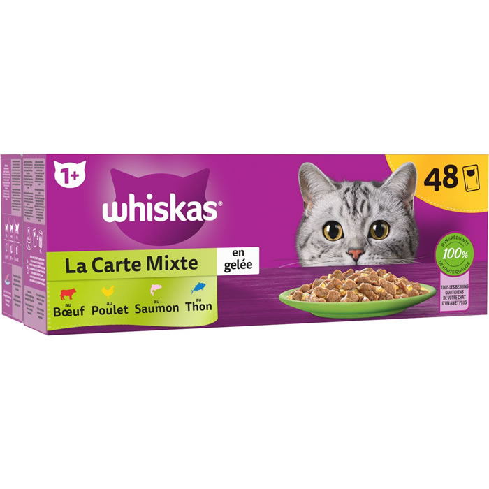 WHISKAS – Gelée mixte 4 variétés bœuf, poulet, saumon, thon (48 x 85 g)