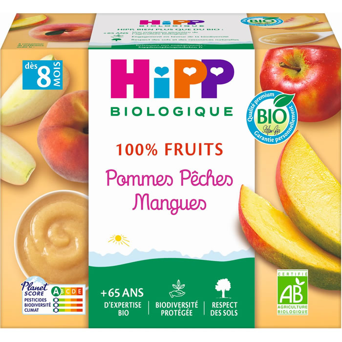 HIPP – 100% Fruits Pomme, pêche et mangue dès 8 mois 4x100g