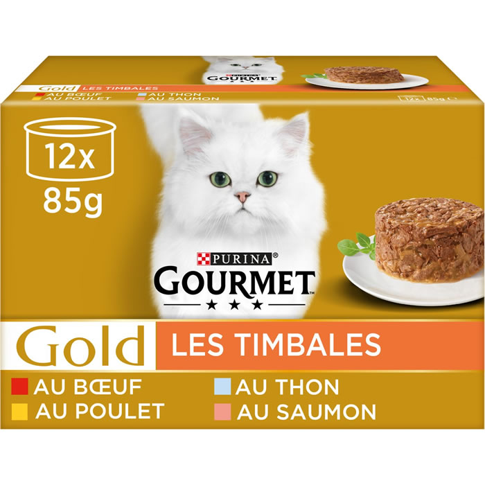 PURINA Gourmet – Timbales bœuf, poulet, saumon, thon (12 x 85 g)