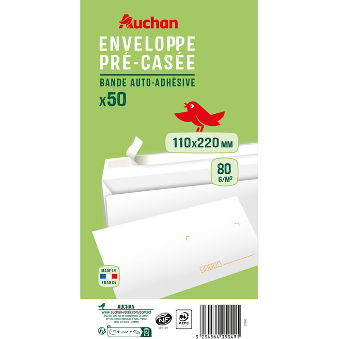 AUCHAN Enveloppes auto-adhésives 110 x 220 mm