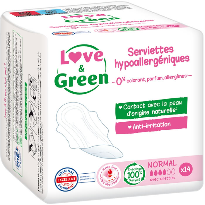 LOVE & GREEN Serviettes hygiéniques hypoallergéniques normal x14