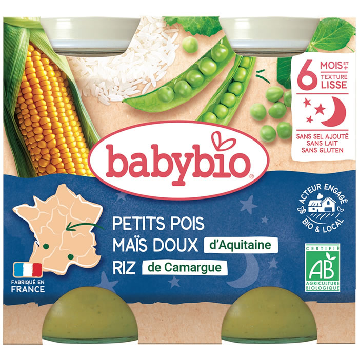 BABYBIO Bonne Nuit – Petits pois, maïs doux et riz 2×200 g