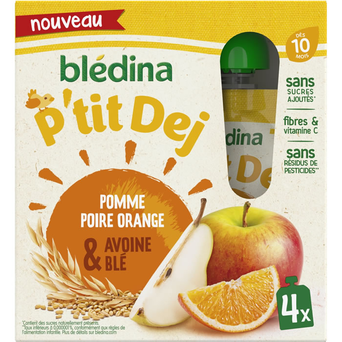 BLEDINA P’tit Dej – Dessert pomme, poire et orange dès 10 mois 4x90g