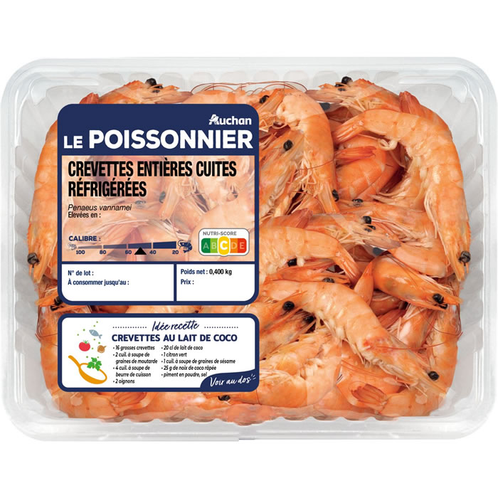 AUCHAN Le Poissonnier – Crevettes cuites entières 400 g