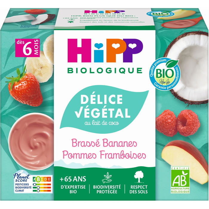 HIPP Délice Végétal – Dessert banane, pomme et framboise 4 x 100 g
