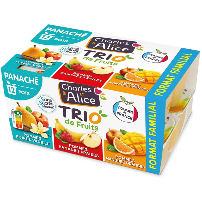 CHARLES & ALICE – Dessert pomme et mélange de fruits sans sucres ajoutés 12 x 100g