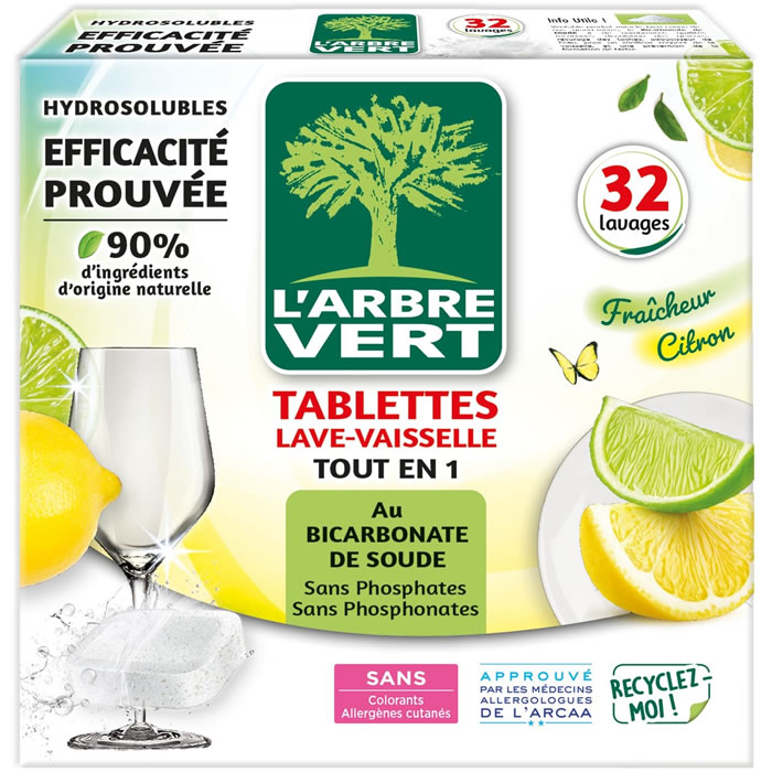 L’ARBRE VERT Tout-En-1 Tablettes lave-vaisselle au bicarbonate et citron 32 tablettes