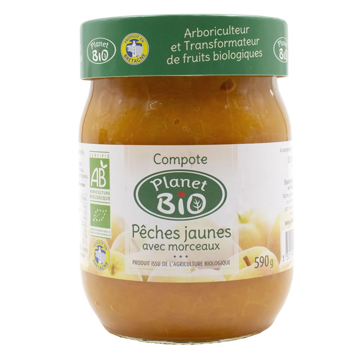 PLANET BIO – Compotée de pêches jaunes avec morceaux bio 590 g